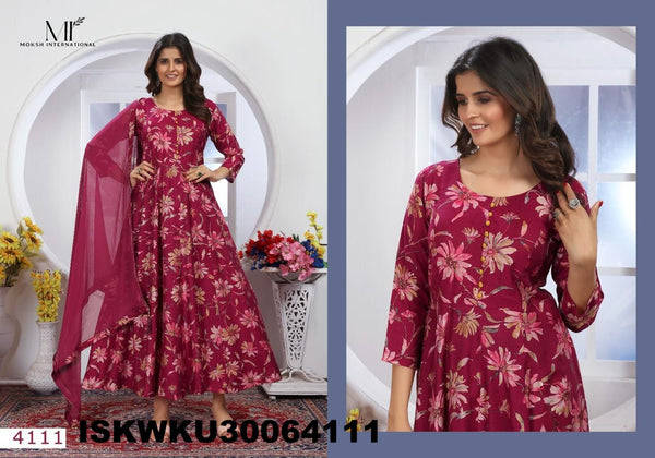Floral Printed Chanderi Anarkali Kurti With Nazmeen Dupatta-ISKWKU30064111