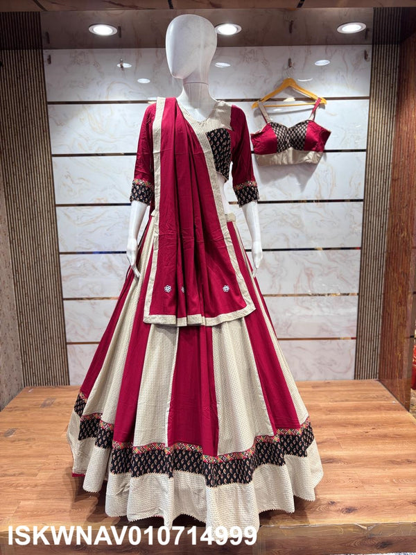 Kalamkari Printed Cotton Lehenga With Blouse And Dupatta-ISKWNAV010714999