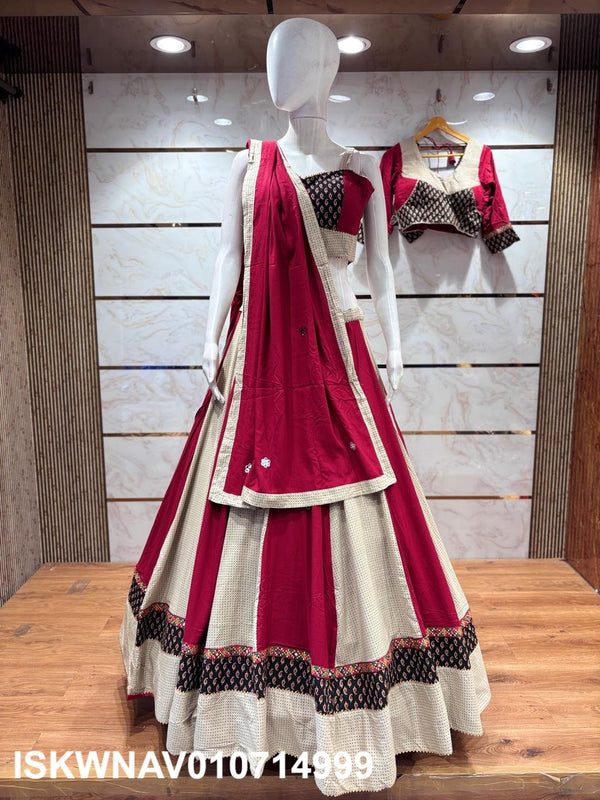 Kalamkari Printed Cotton Lehenga With Blouse And Dupatta-ISKWNAV010714999