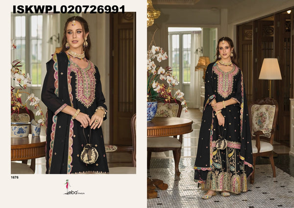 Embroidered Chinon Kurti With Palazzo And Dupatta-ISKWPL020726991