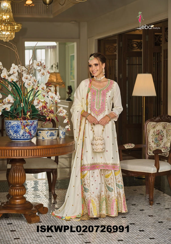 Embroidered Chinon Kurti With Palazzo And Dupatta-ISKWPL020726991