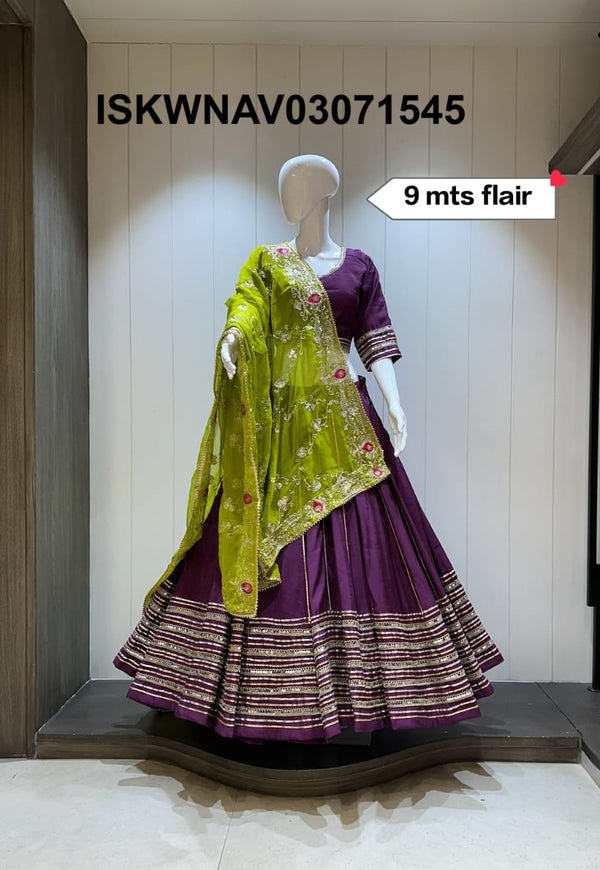 Sequined Silk Lehenga With Blouse And Vintage Dupatta-ISKWNAV03071545