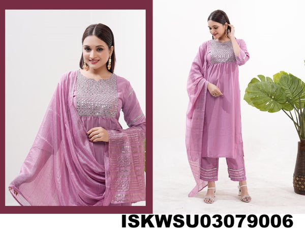 Embroidered Silk Kurti With Pant And Banarasi Dupatta-ISKWSU03079006/9007