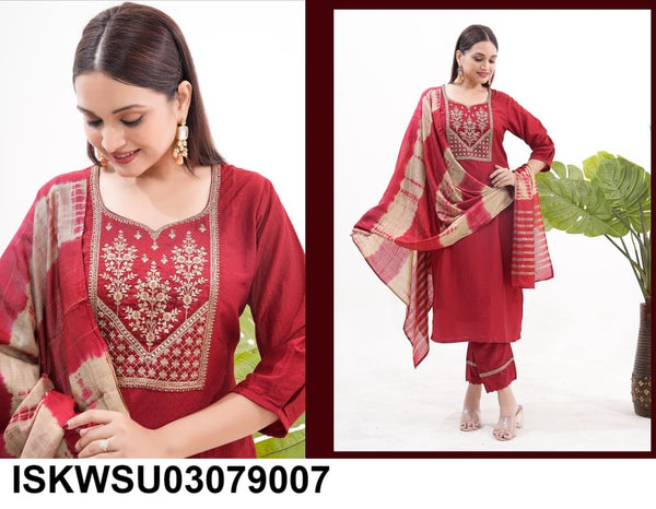 Embroidered Silk Kurti With Pant And Banarasi Dupatta-ISKWSU03079006/9007