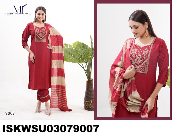 Embroidered Silk Kurti With Pant And Banarasi Dupatta-ISKWSU03079006/9007