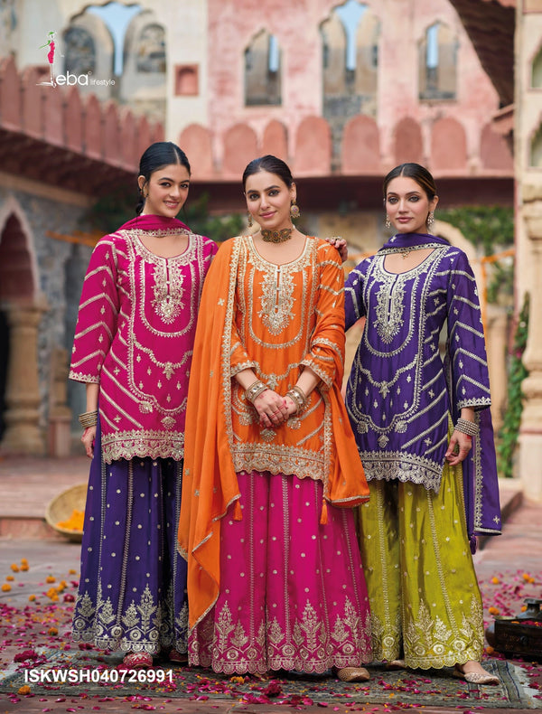 Embroidered Chinon Kurti With Sharara And Dupatta-ISKWSH040726991