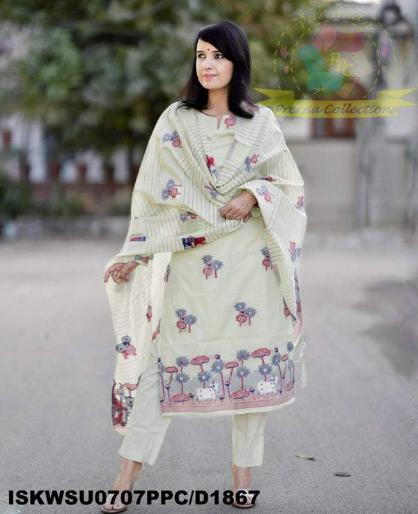Chanderi Cotton Silk Kurti With Cotton Pant And Woven Dupatta-ISKWSU0707PPC/D1867
