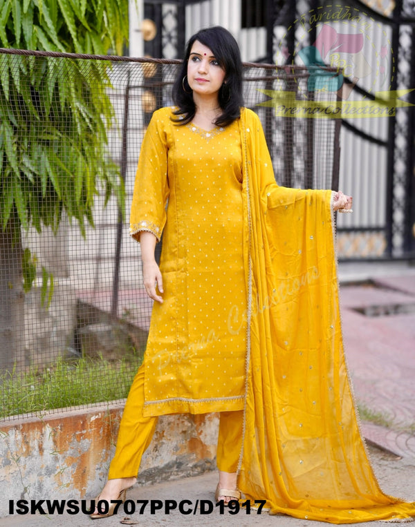 Embroidered Silk Weaved Banarasi Kurti With Pant And Chinon Dupatta-ISKWSU0707PPC/D1917