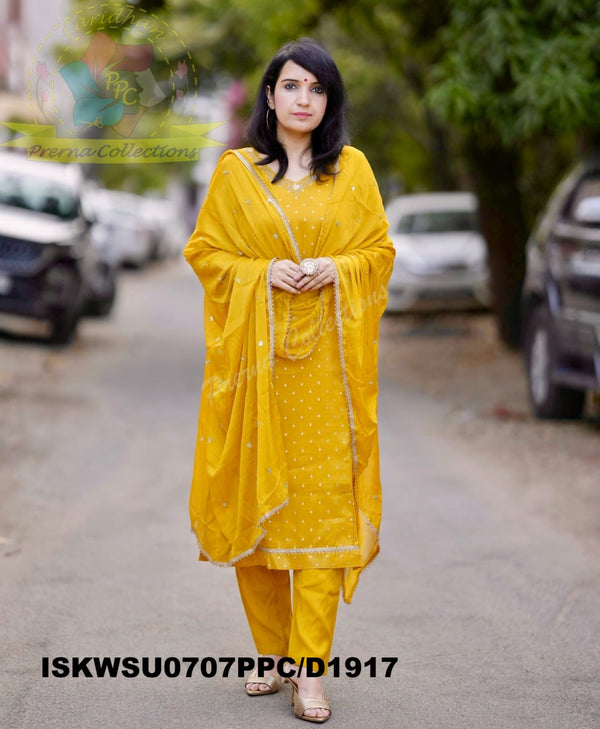 Embroidered Silk Weaved Banarasi Kurti With Pant And Chinon Dupatta-ISKWSU0707PPC/D1917