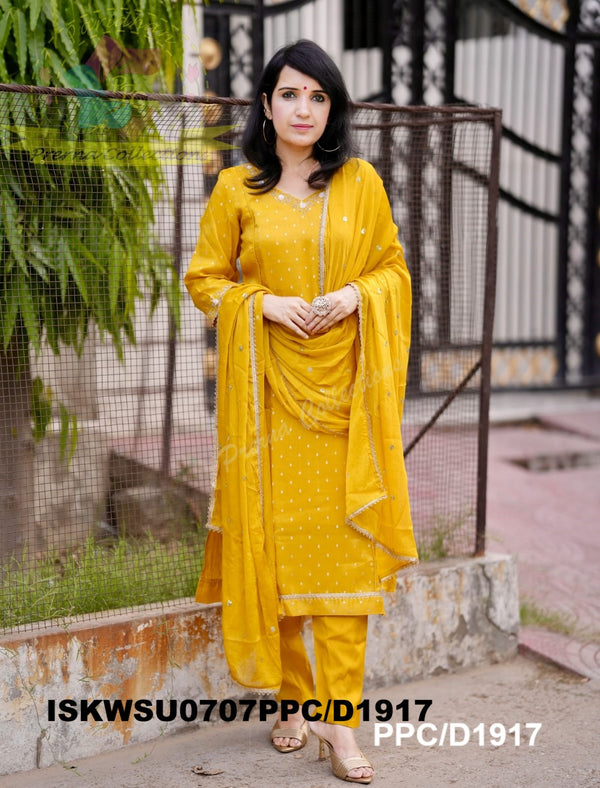 Embroidered Silk Weaved Banarasi Kurti With Pant And Chinon Dupatta-ISKWSU0707PPC/D1917