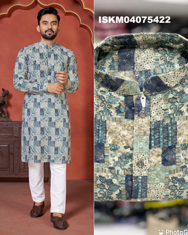 Men's Digital Printed Cotton Schiffli Kurta With Cotton Pajama-ISKM04075422