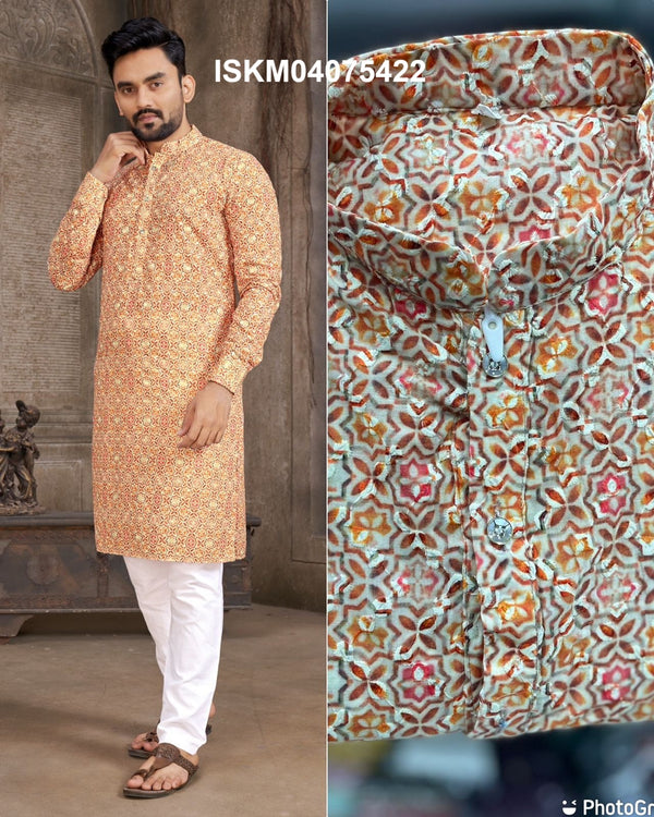 Men's Digital Printed Cotton Schiffli Kurta With Cotton Pajama-ISKM04075422