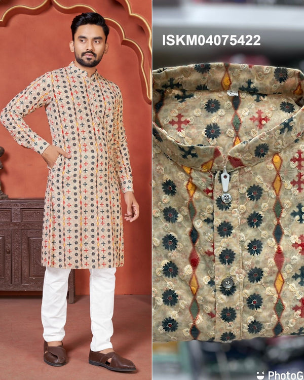 Men's Digital Printed Cotton Schiffli Kurta With Cotton Pajama-ISKM04075422