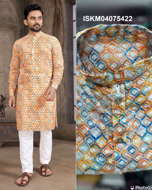 Men's Digital Printed Cotton Schiffli Kurta With Cotton Pajama-ISKM04075422