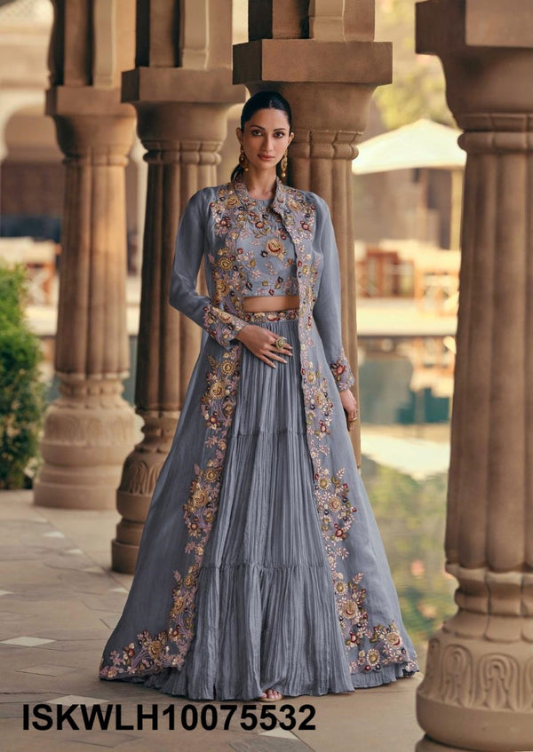 Embroidered Chinon Silk Lehenga With Blouse And Organza Silk Shrug-ISKWLH10075532