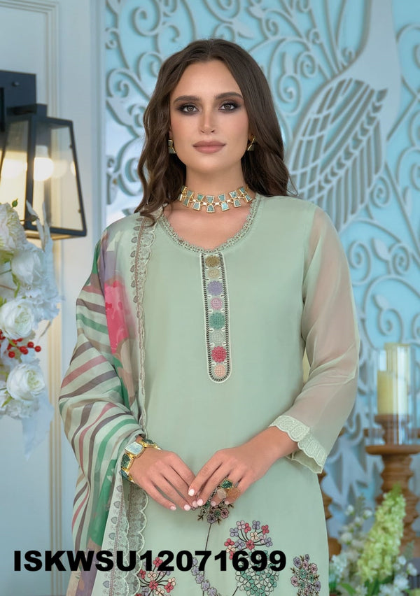 Embroidered Organza Kurti With Silk Pant And Digital Printed Dupatta-ISKWSU12071699
