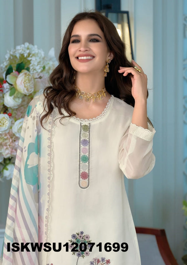 Embroidered Organza Kurti With Silk Pant And Digital Printed Dupatta-ISKWSU12071699