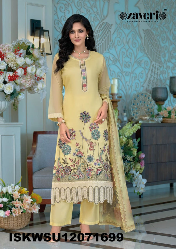 Embroidered Organza Kurti With Silk Pant And Digital Printed Dupatta-ISKWSU12071699