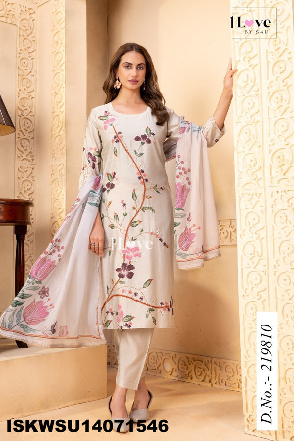 Embroidered Silk Kurti With Pant And Printed Dupatta-ISKWSU14071546