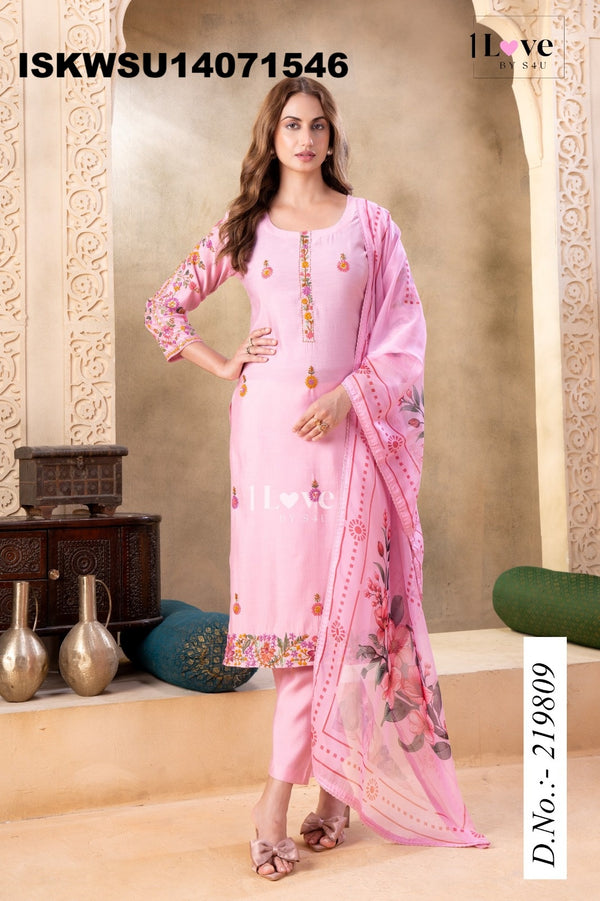 Embroidered Silk Kurti With Pant And Printed Dupatta-ISKWSU14071546