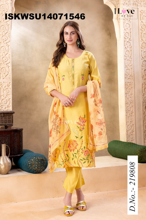 Embroidered Silk Kurti With Pant And Printed Dupatta-ISKWSU14071546