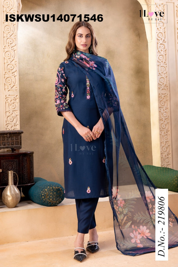 Embroidered Silk Kurti With Pant And Printed Dupatta-ISKWSU14071546