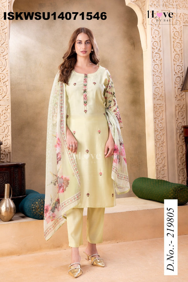 Embroidered Silk Kurti With Pant And Printed Dupatta-ISKWSU14071546