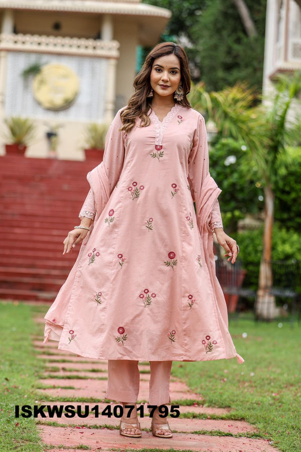 Embroidered Cotton A-Line Kurti With Pant And Dupatta-ISKWSU14071795