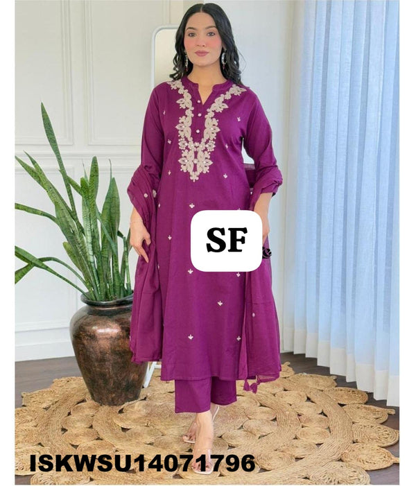 Embroidered Cotton Kurti With Pant And Dupatta-ISKWSU14071796
