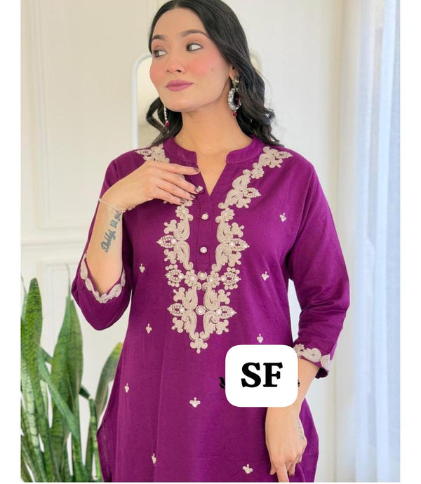 Embroidered Cotton Kurti With Pant And Dupatta-ISKWSU14071796