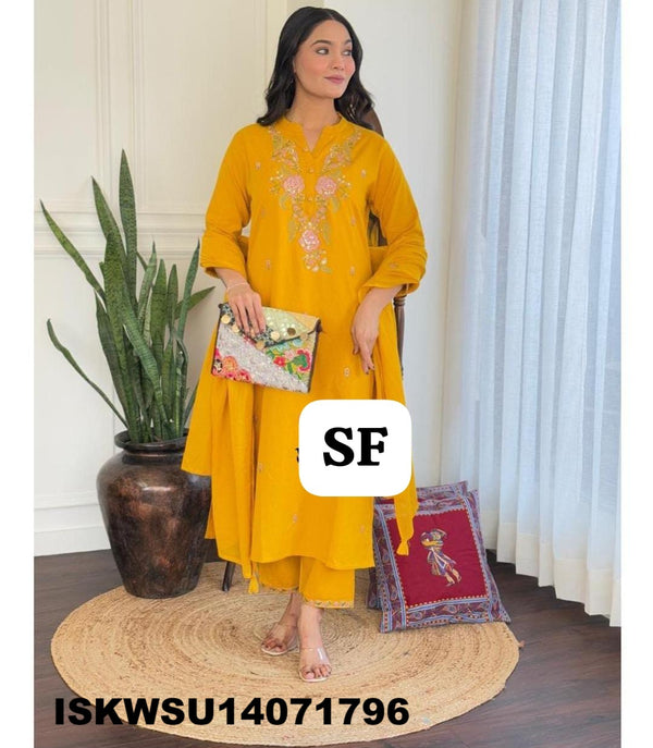 Embroidered Cotton Kurti With Pant And Dupatta-ISKWSU14071796