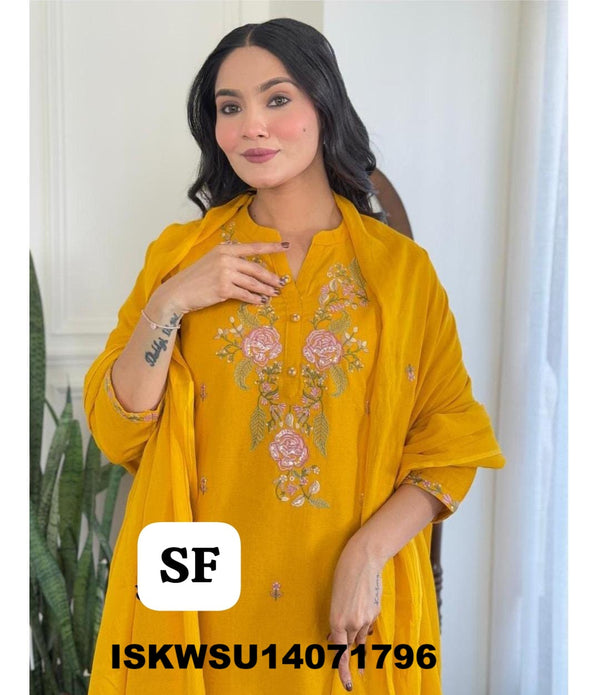 Embroidered Cotton Kurti With Pant And Dupatta-ISKWSU14071796