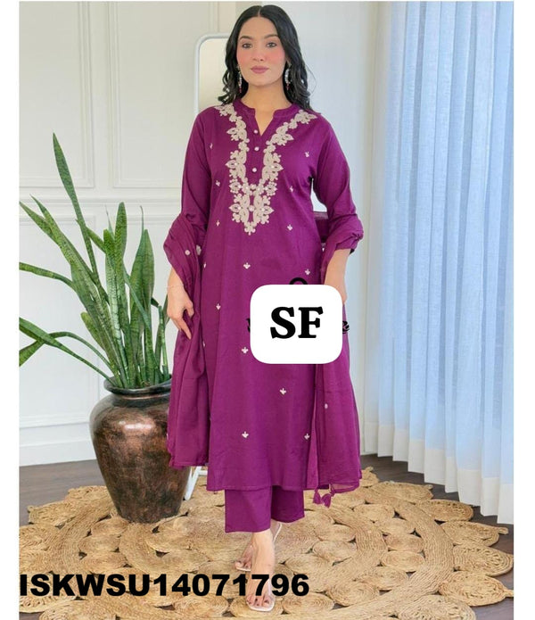 Embroidered Cotton Kurti With Pant And Dupatta-ISKWSU14071796