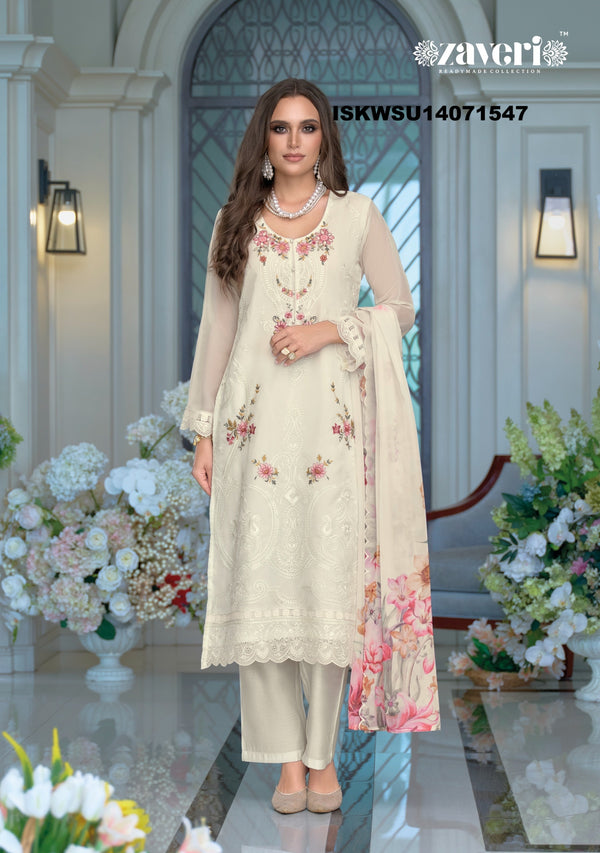 Embroidered Organza Kurti With Silk Pant And Digital Printed Dupatta-ISKWSU14071547