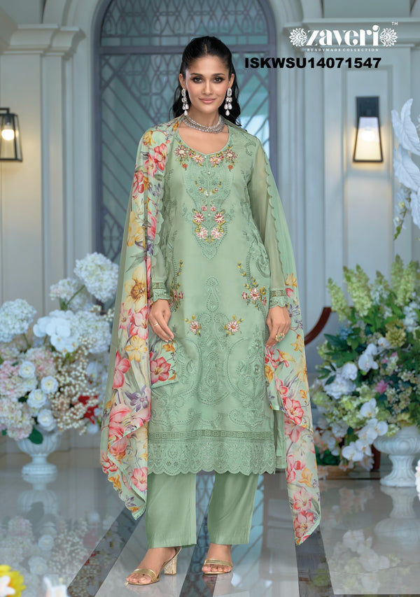 Embroidered Organza Kurti With Silk Pant And Digital Printed Dupatta-ISKWSU14071547