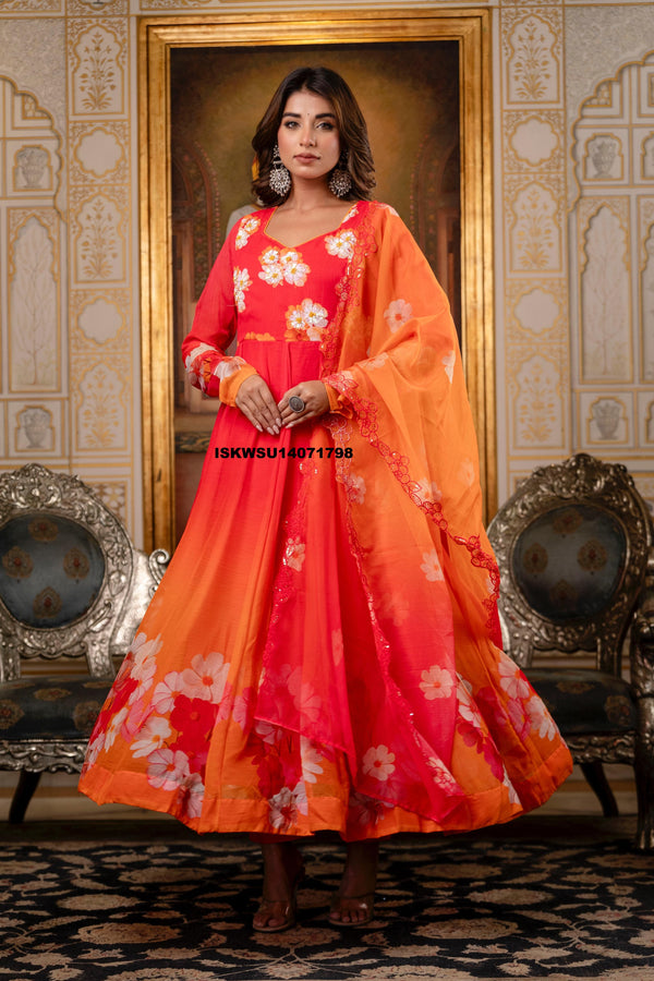 Embroidered Chiffon Anarkali Kurti with Pant And Dupatta-ISKWSU14071798