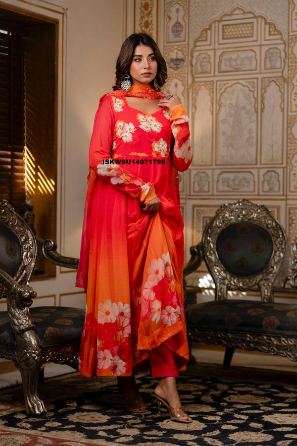 Embroidered Chiffon Anarkali Kurti with Pant And Dupatta-ISKWSU14071798