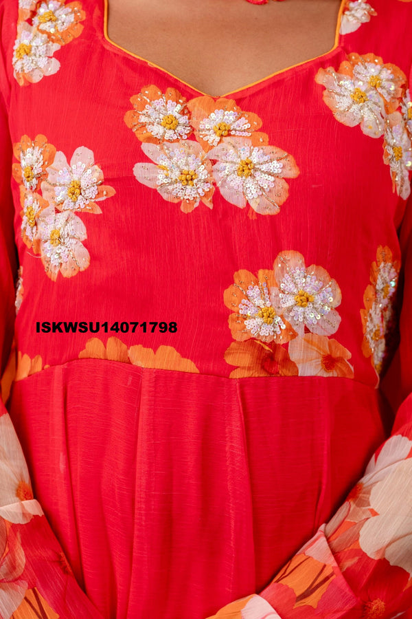 Embroidered Chiffon Anarkali Kurti with Pant And Dupatta-ISKWSU14071798
