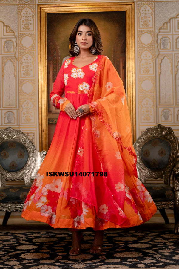 Embroidered Chiffon Anarkali Kurti with Pant And Dupatta-ISKWSU14071798