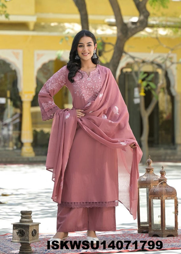 Embroidered Cotton Kurti With Pant And Hand Brush Printed Dupatta-ISKWSU14071799