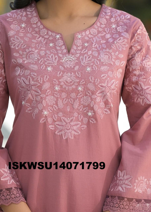 Embroidered Cotton Kurti With Pant And Hand Brush Printed Dupatta-ISKWSU14071799