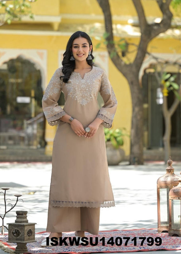 Embroidered Cotton Kurti With Pant And Hand Brush Printed Dupatta-ISKWSU14071799