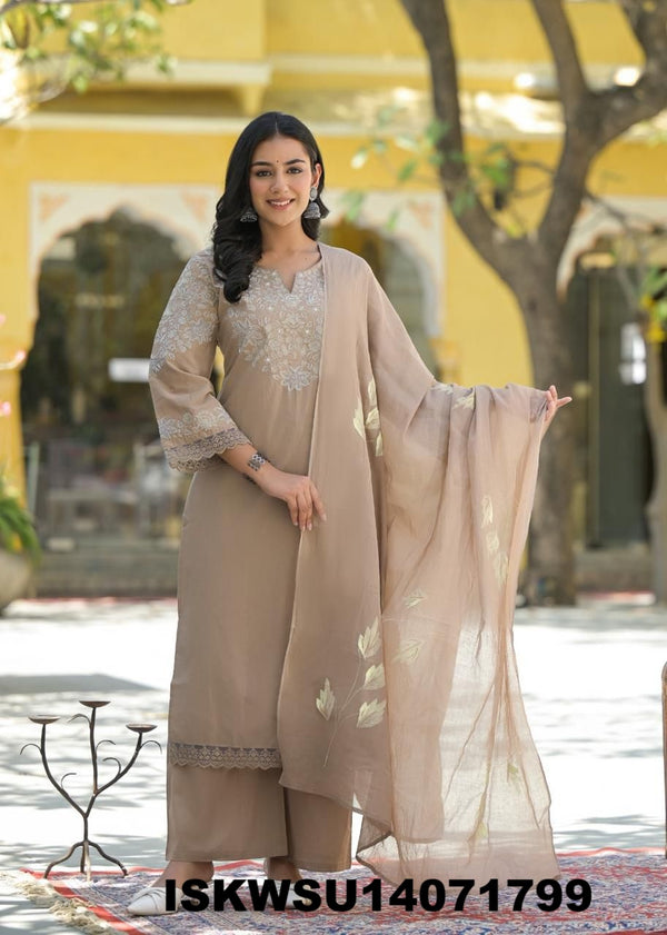 Embroidered Cotton Kurti With Pant And Hand Brush Printed Dupatta-ISKWSU14071799