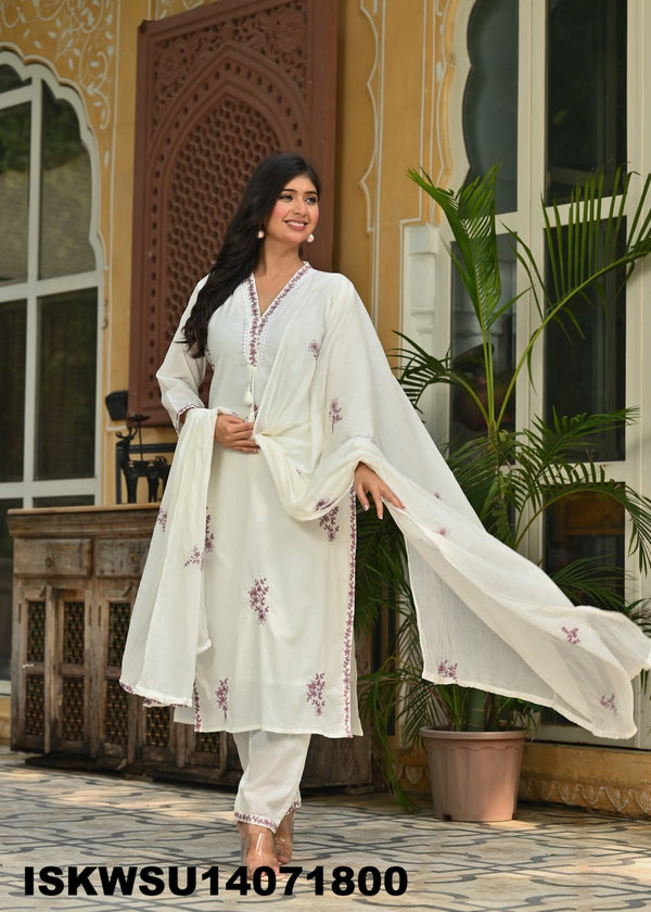 Embroidered Cotton Kurti With Pant And Dupatta-ISKWSU14071800