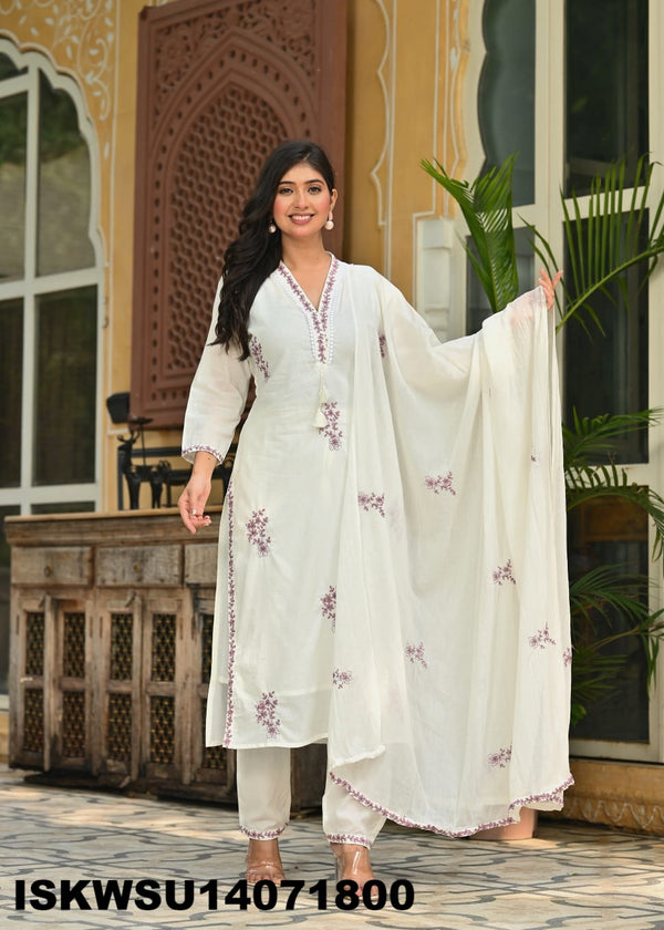 Embroidered Cotton Kurti With Pant And Dupatta-ISKWSU14071800