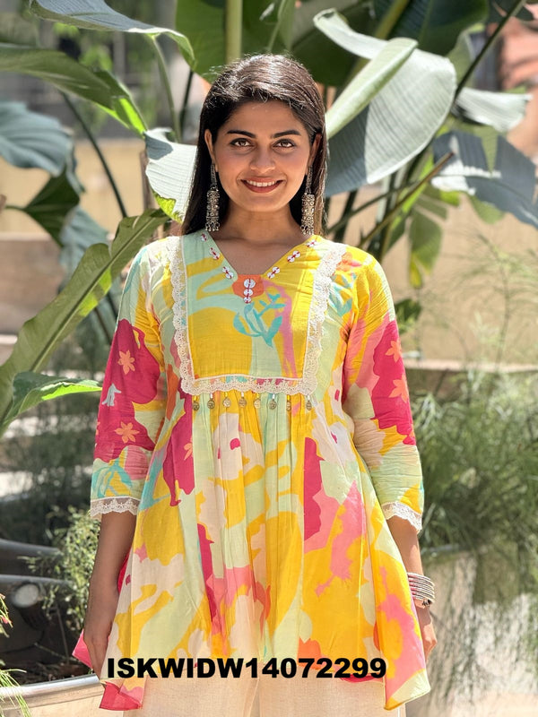 Printed Viscose Crepe Flared Top With Cotton Pant-ISKWIDW14072299