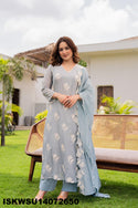 Embroidered Malmal Chanderi Kurti With Pant And Dupatta-ISKWSU14072650