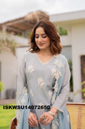 Embroidered Malmal Chanderi Kurti With Pant And Dupatta-ISKWSU14072650