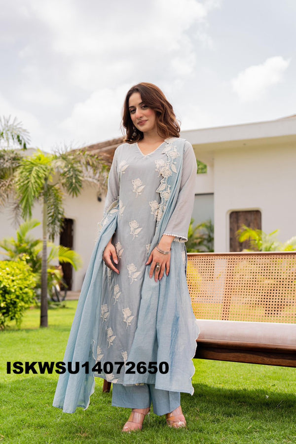 Embroidered Malmal Chanderi Kurti With Pant And Dupatta-ISKWSU14072650
