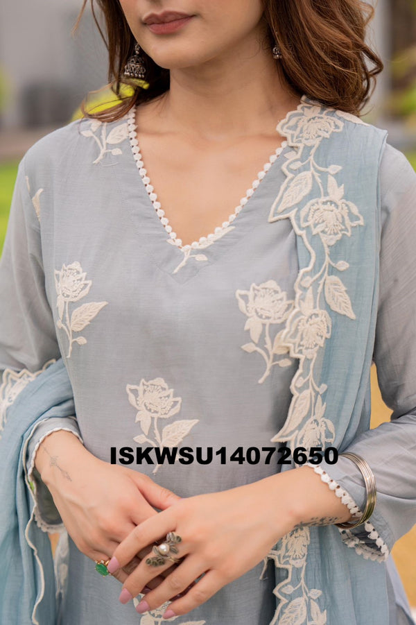 Embroidered Malmal Chanderi Kurti With Pant And Dupatta-ISKWSU14072650